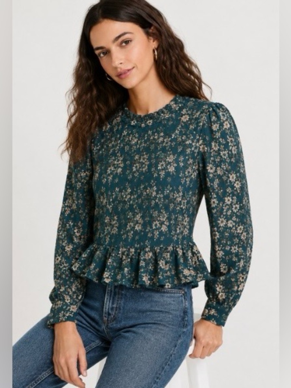 Patrons of Peace green floral smocked long-sleeve top size s